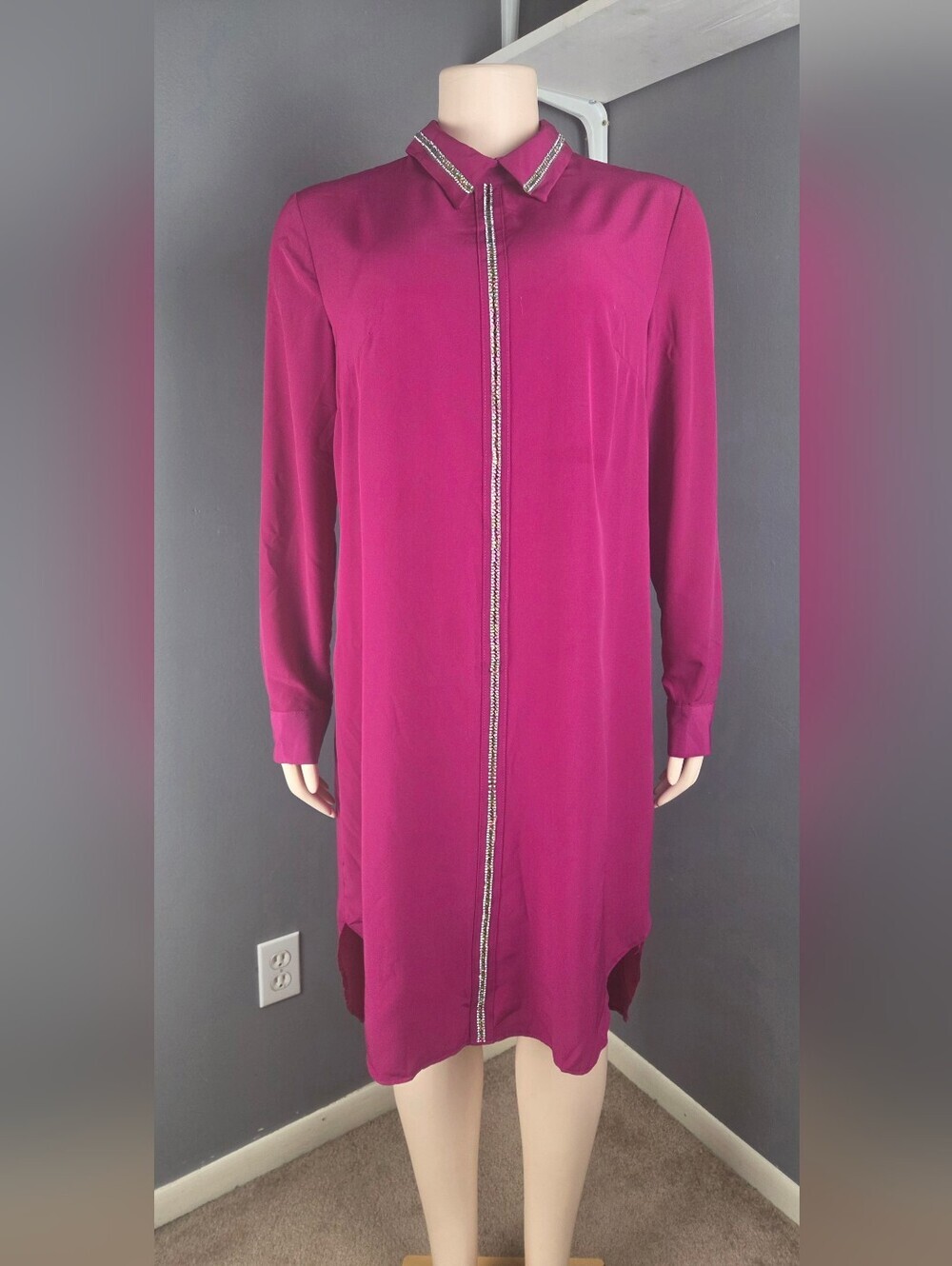 Women's Fuchsia Long-Sleeve Zip-Front Shirt Dress